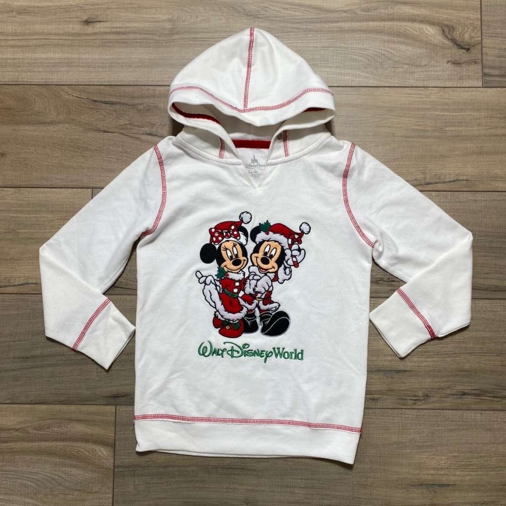 Disney Parks Girls Santa Mickey Mrs Claus Minnie Embroidered Hoodie Size M White